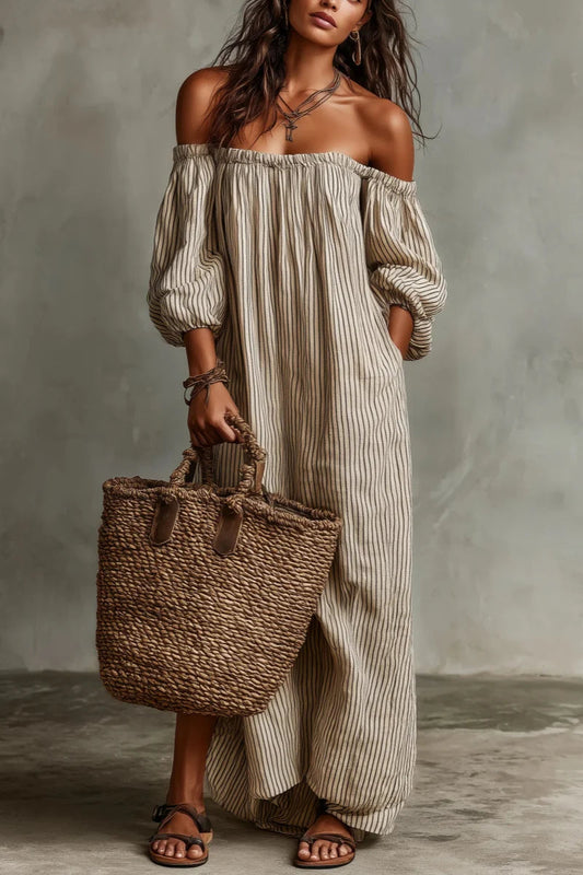 Women's beige striped off-shoulder maxi dress with three-quarter sleeves