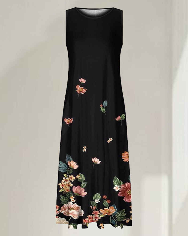 Women's sleeveless floral midi dress with round neck and side pockets