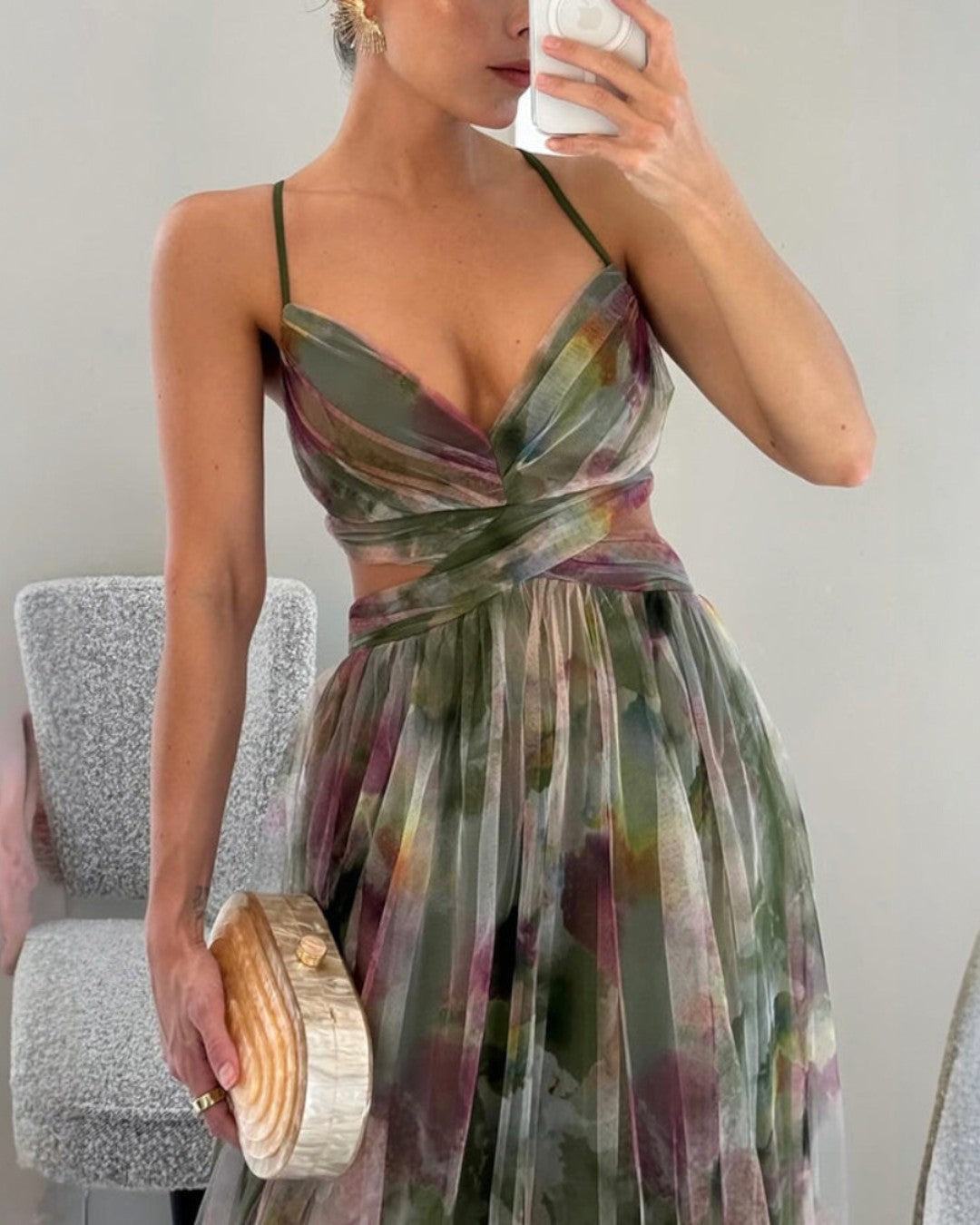 Women's multicoloured floral wrap maxi dress with V-neckline and spaghetti straps