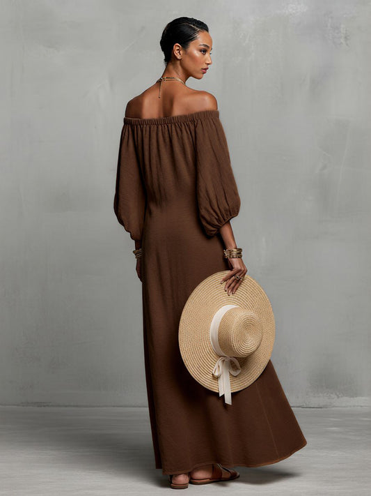 Women's brown off-shoulder maxi dress with floral embroidery and three-quarter sleeves