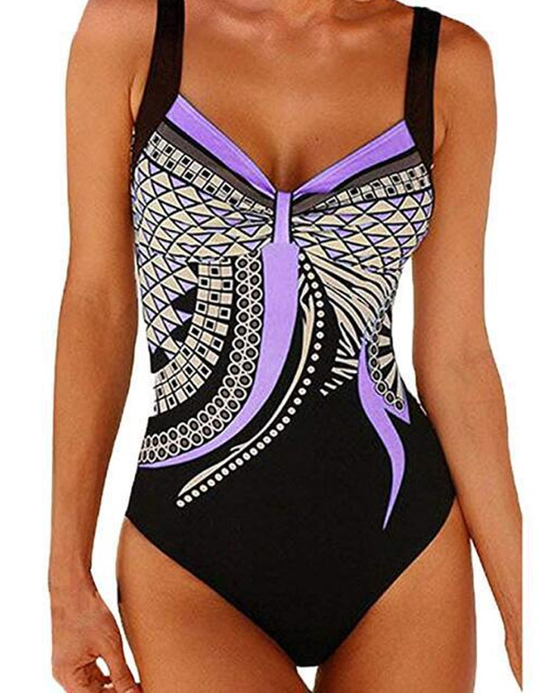 Women's geometric one-piece swimsuit with wide straps and patterned front