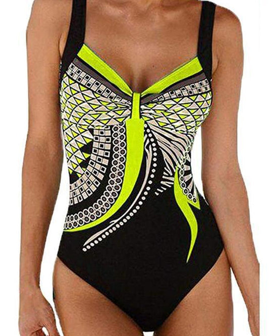 Women's geometric one-piece swimsuit with wide straps and patterned front