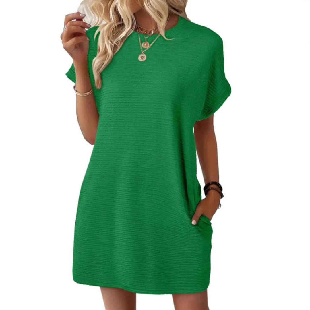 Women's textured crew-neck mini dress with short sleeves and side pockets