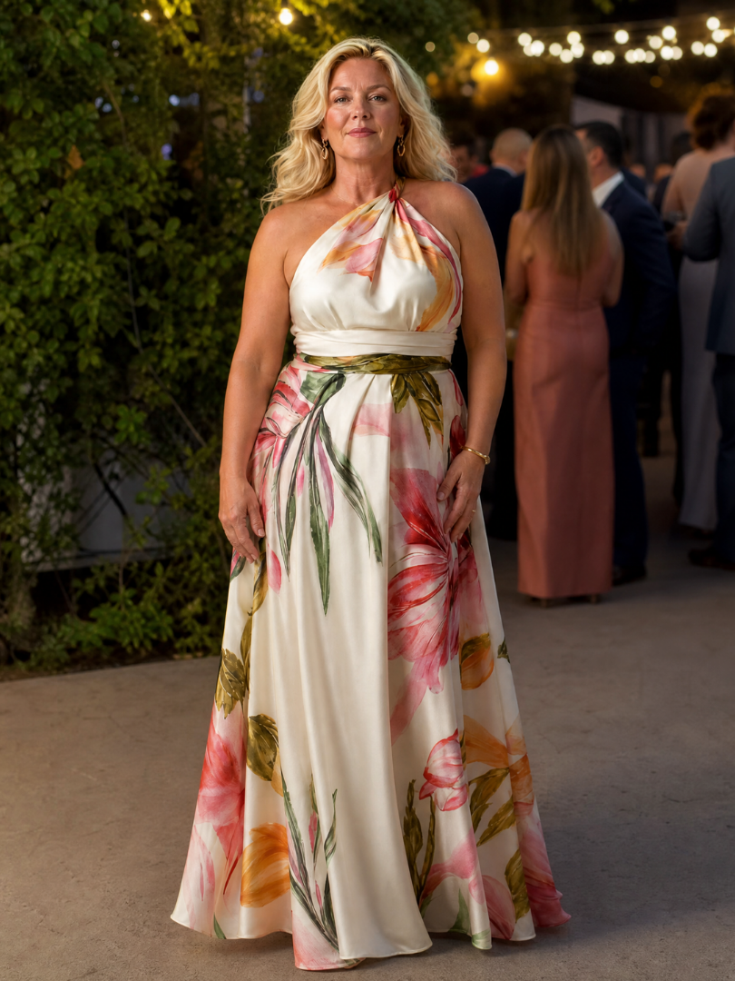 Women's floral halter maxi dress with a flowing full-length skirt