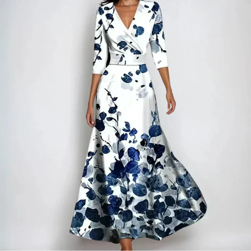 Women's multicoloured wrap maxi dress with V-neckline, three-quarter sleeves and flared skirt