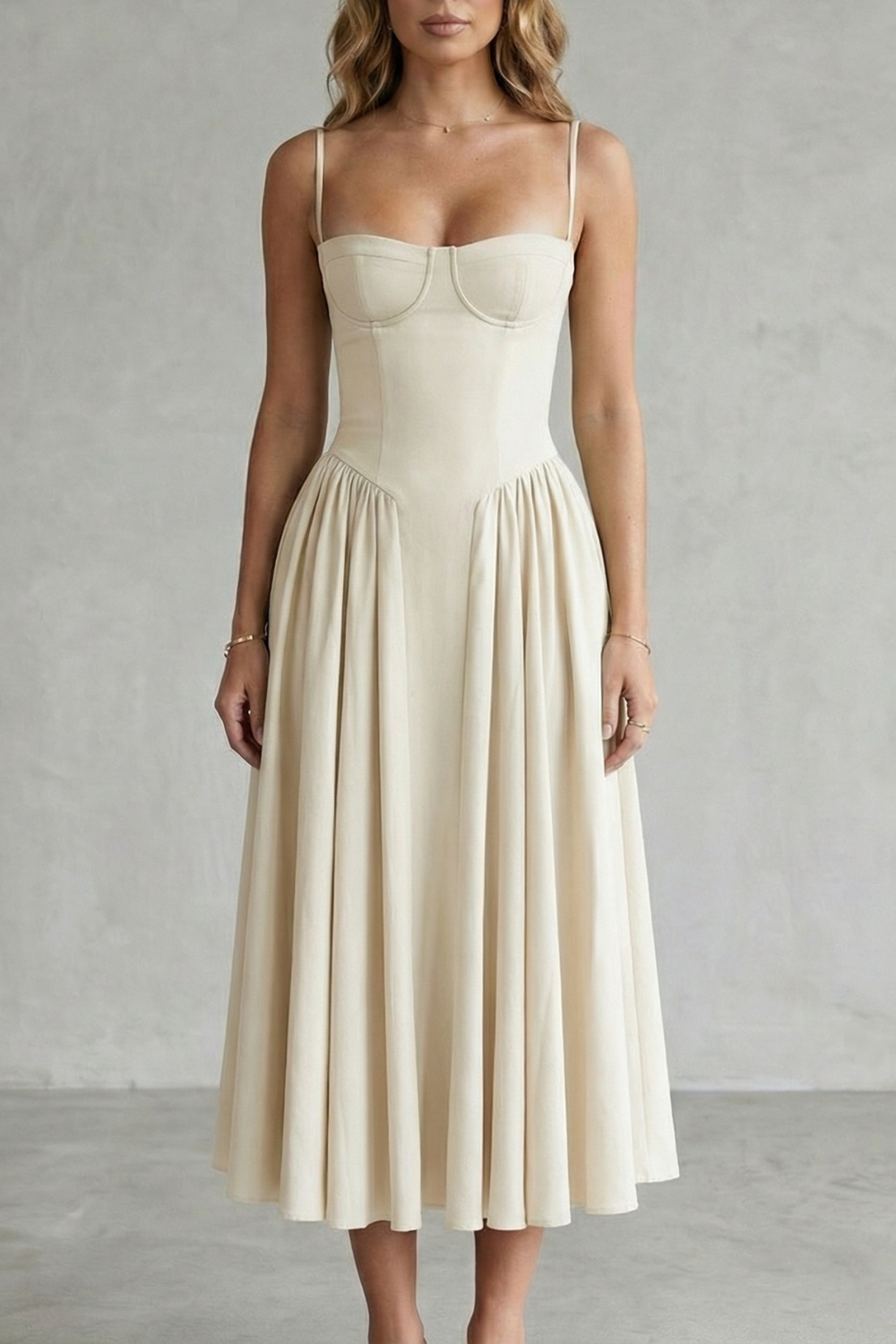 Women's structured midi dress with corset bodice, spaghetti straps and full gathered skirt