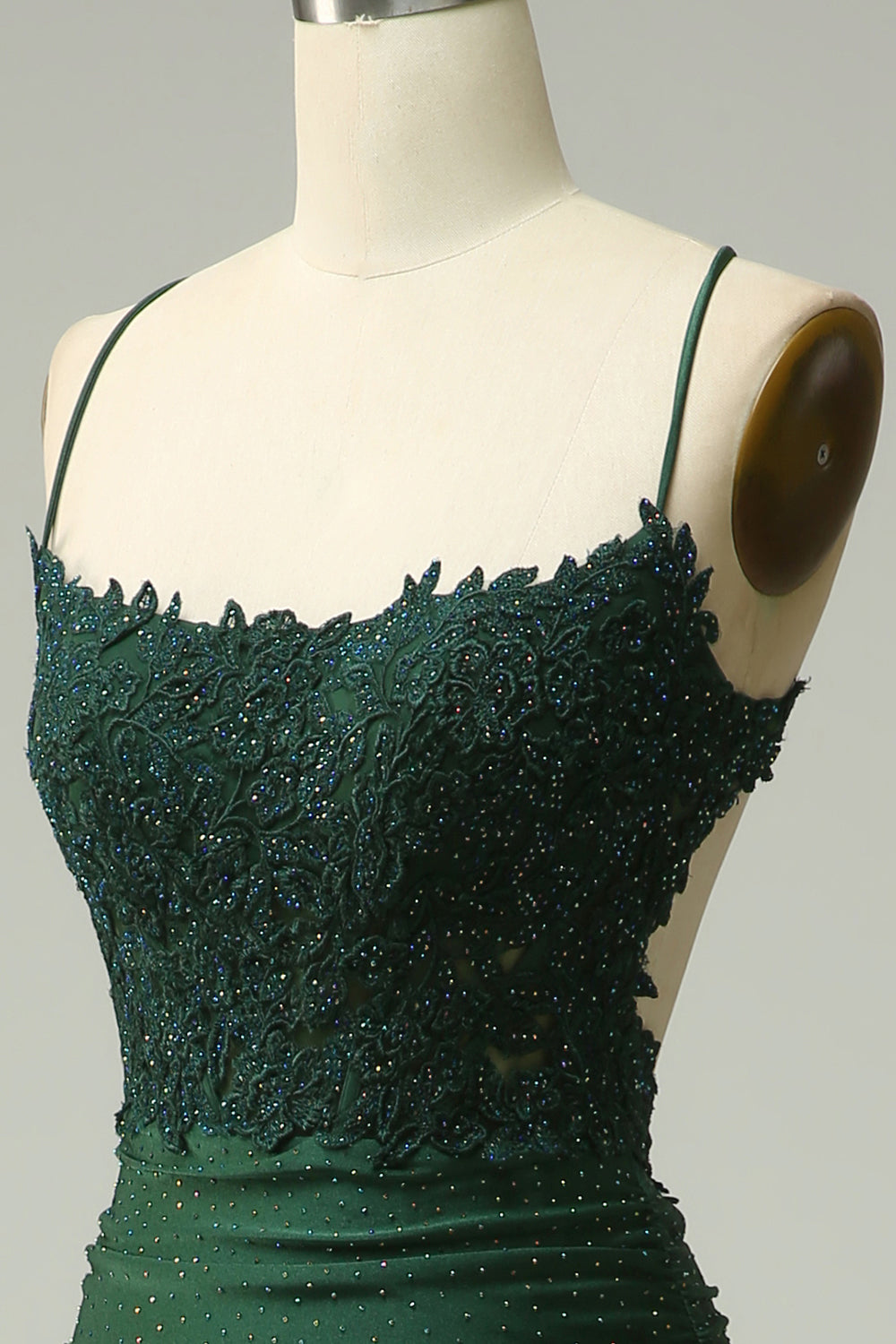 Beaded mermaid maxi dress with lace bodice and spaghetti straps