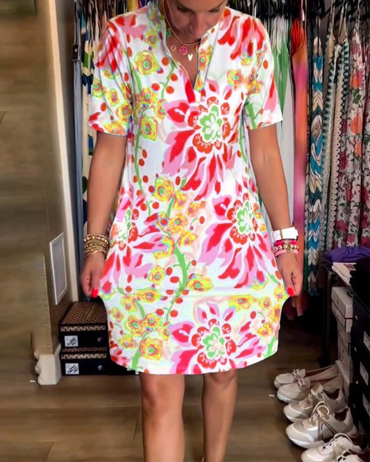 Women's multicoloured floral V-neck mini dress with short sleeves