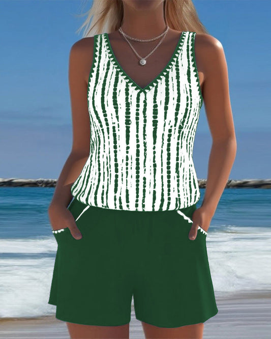 Women's striped V-neck two-piece swimsuit with sleeveless top and shorts