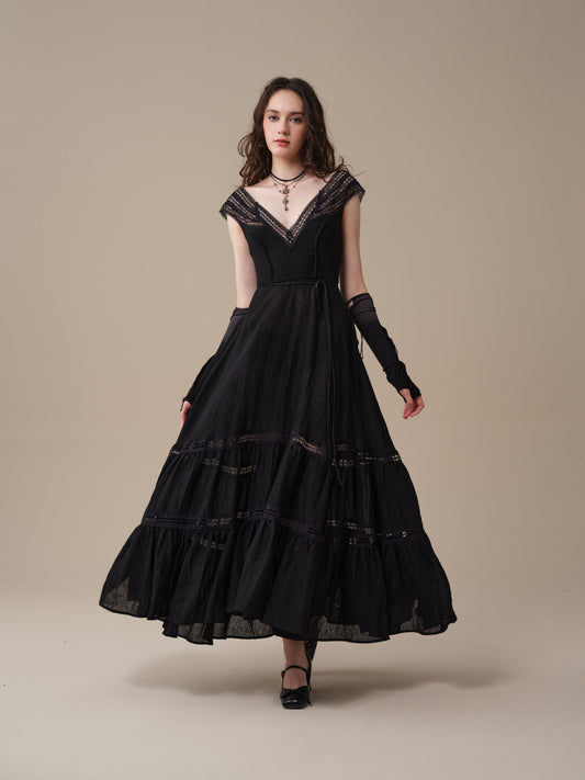 Women's lace-trimmed flared maxi dress with a tiered skirt