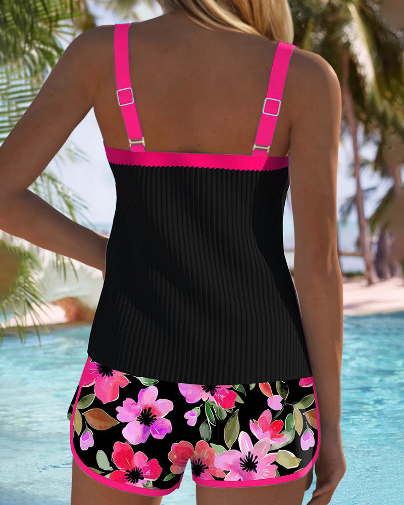 Women's floral tankini set with sleeveless ribbed top and swim shorts