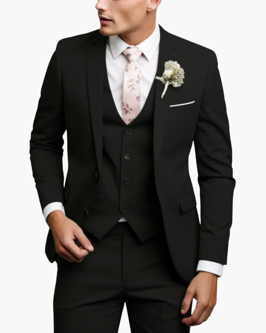 Men's slim fit three-piece suit with notched lapel jacket, button waistcoat and matching trousers