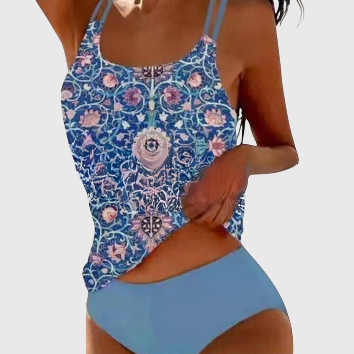 Women's patterned tankini swimsuit set with double straps and high-waisted briefs