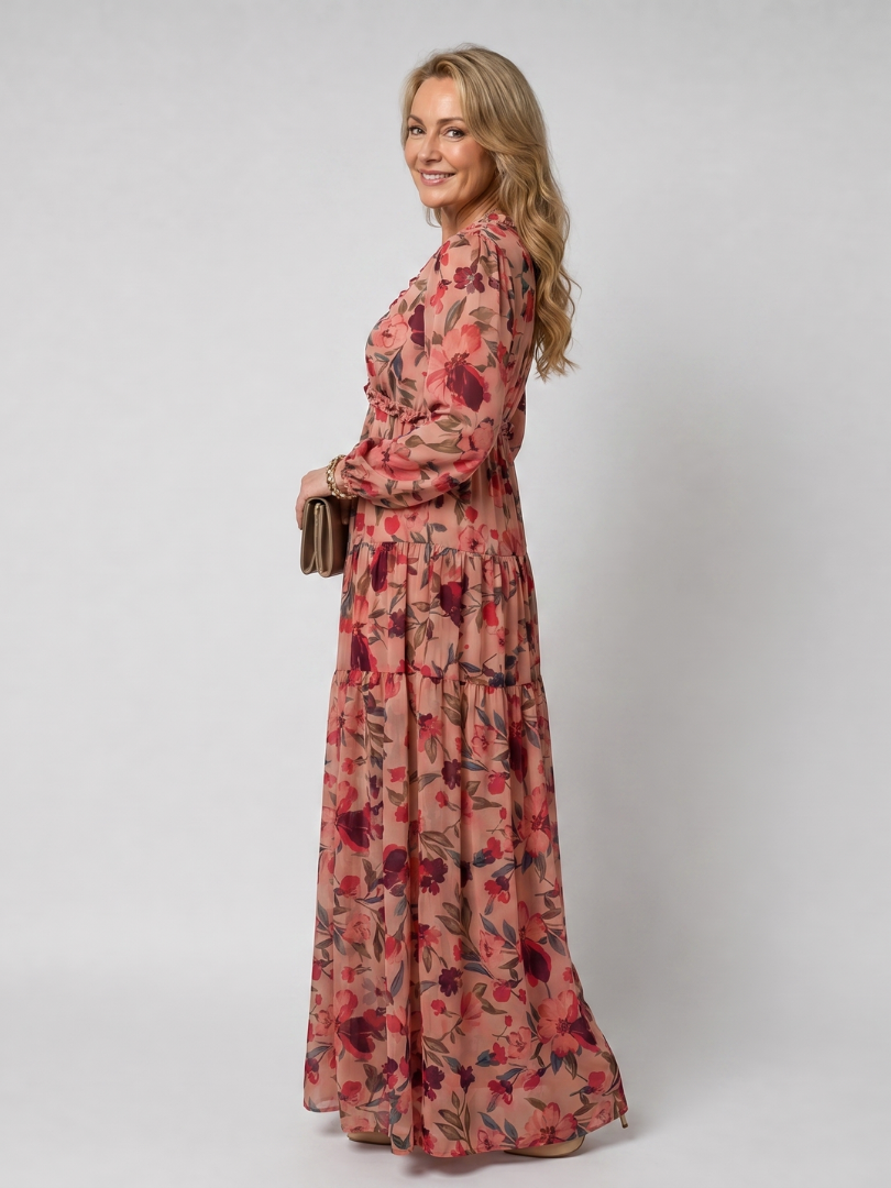 Women's floral tiered maxi dress with V-neckline and long sleeves