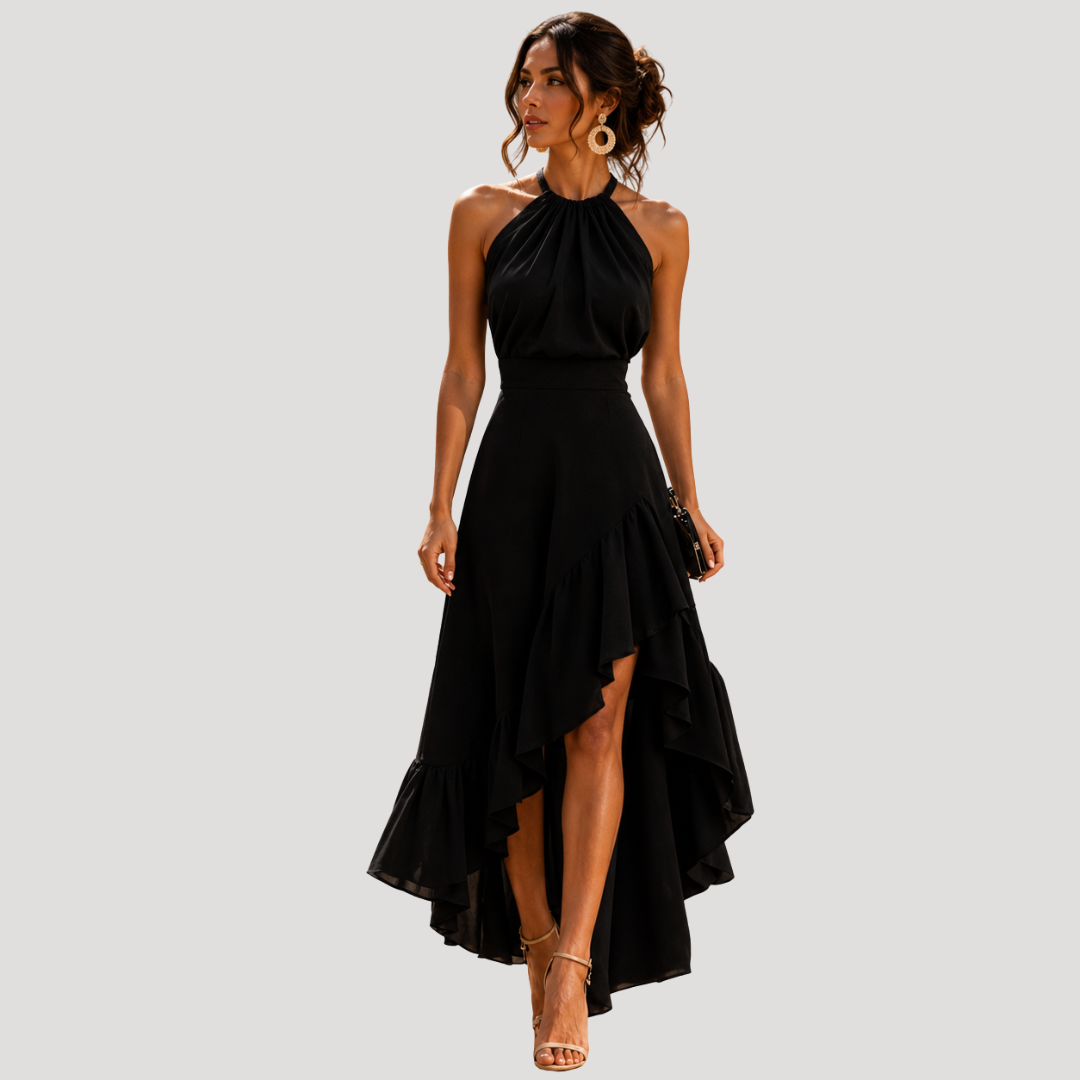 Women's sleeveless halter maxi dress with layered high-low ruffle skirt
