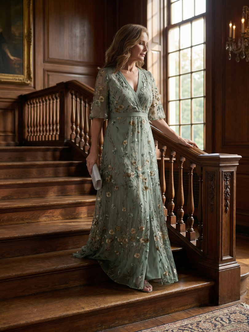 Women's green floral wrap maxi dress with V-neckline and flutter sleeves