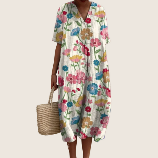 Vestido midi de flores de mujer con escote de pico, mangas cortas y botones delanteros