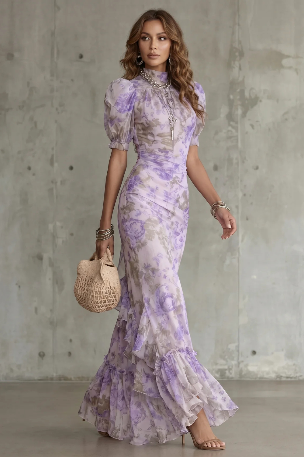 Women's floral maxi dress with short puff sleeves and layered ruffled hem