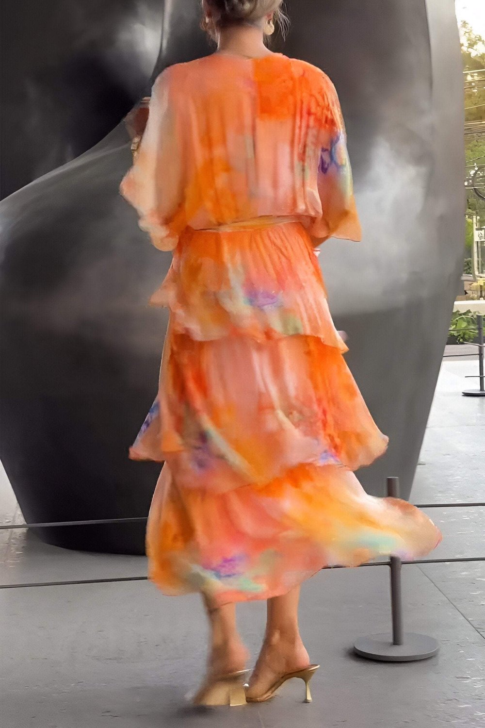 Women's abstract wrap maxi dress with V-neckline, short sleeves and layered ankle-length hem