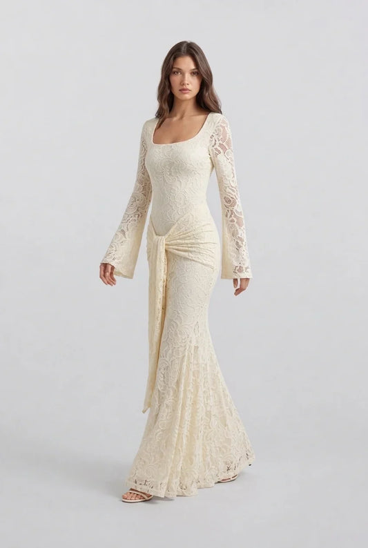Cream floral lace maxi dress with square neckline, long sleeves and draped waist sash