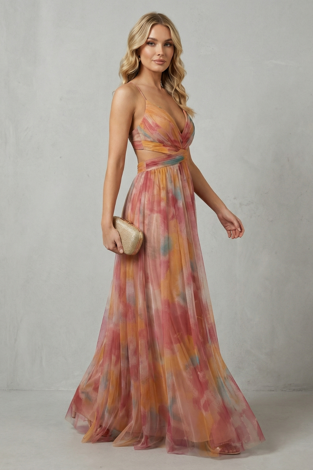 Women's abstract watercolour wrap maxi dress with spaghetti straps and crossed waist detail