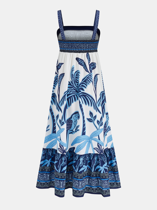 Women's blue tropical print tiered maxi dress with square neckline and spaghetti straps