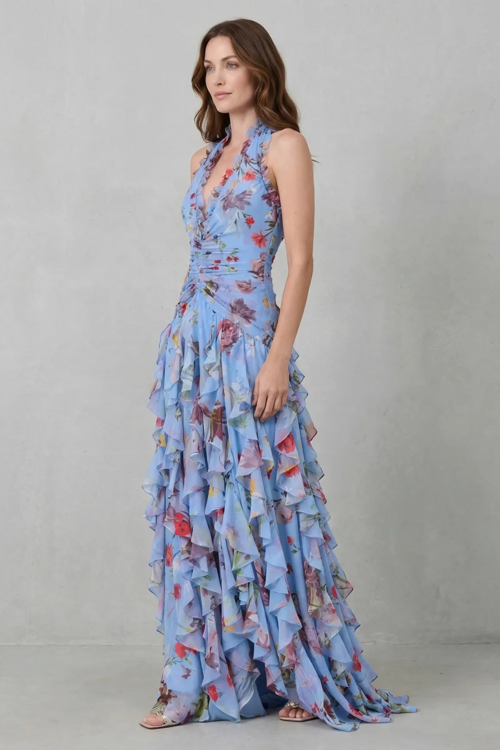 Vestido largo halter de flores de mujer con cintura fruncida y falda de volantes