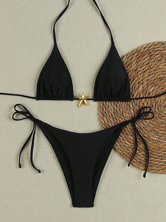 Women's triangle bikini set with tie-side briefs and gold starfish charm