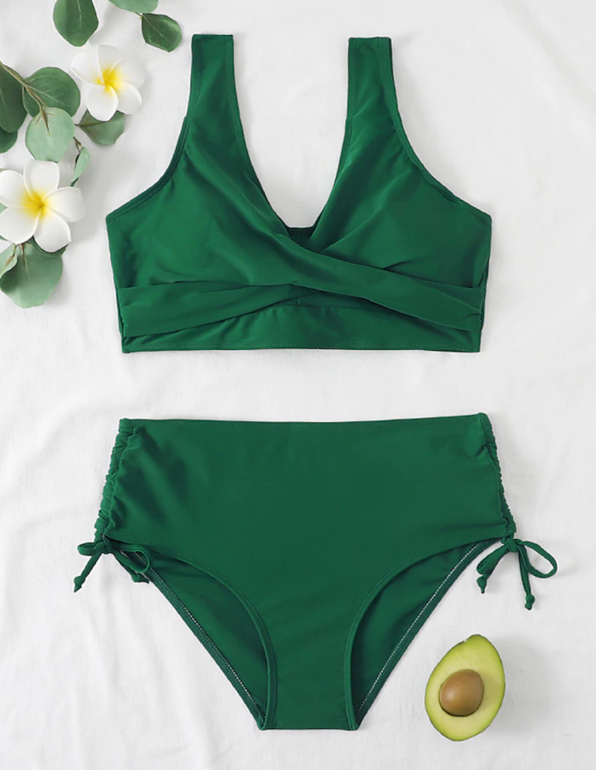 Women's ruched two-piece bikini set with wrap-front top and tie-side briefs