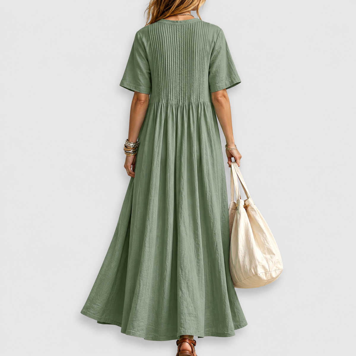 Vestido largo de mujer con escote en V, manga corta y pinzas