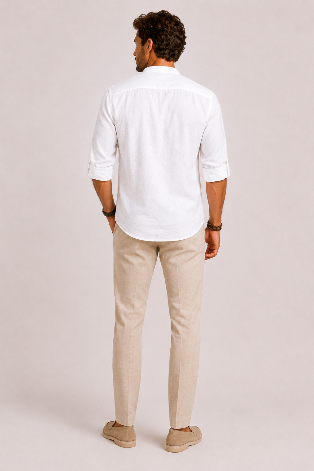Men's textured Mandarin collar shirt with long sleeves and button front