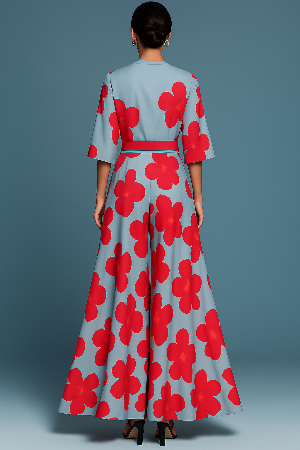 Women's floral wrap jumpsuit with V-neckline, three-quarter sleeves and wide legs