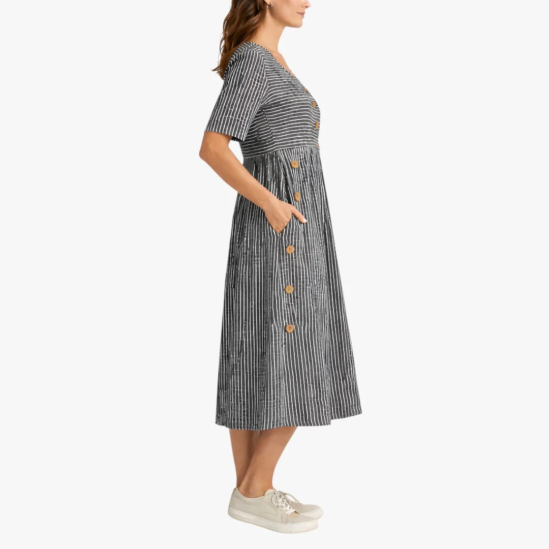 Women's striped midi dress with short sleeves, button details and side pockets