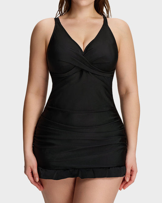 Women's ruched V-neck one-piece swimsuit with cross-back straps and ruffle hem