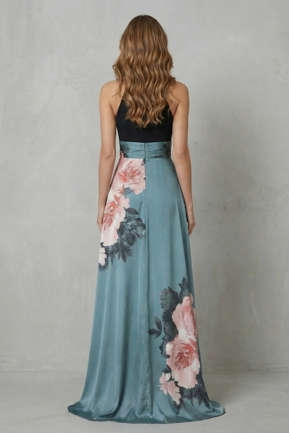 Women's black and blue floral halter maxi dress with a floor-length skirt