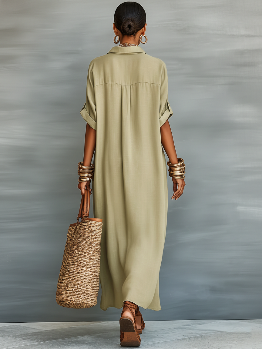 Women's short-sleeve shirt maxi dress with pointed collar and front buttons
