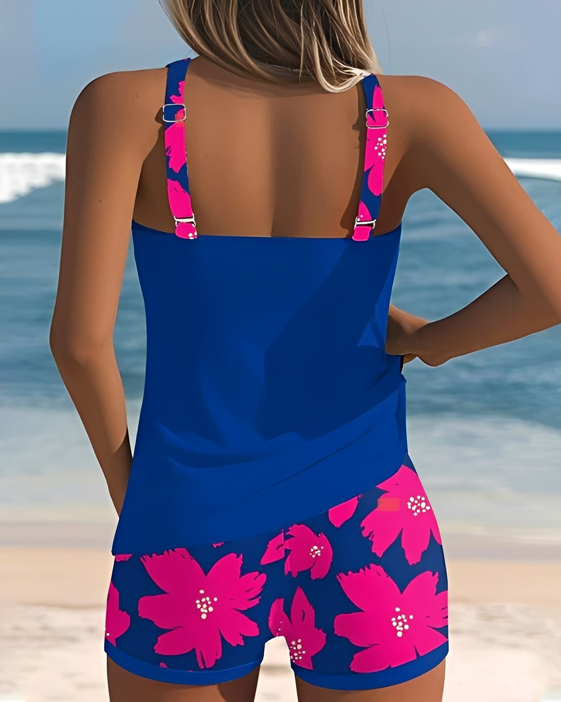 Women's floral tankini swimsuit with U-neck top and matching shorts