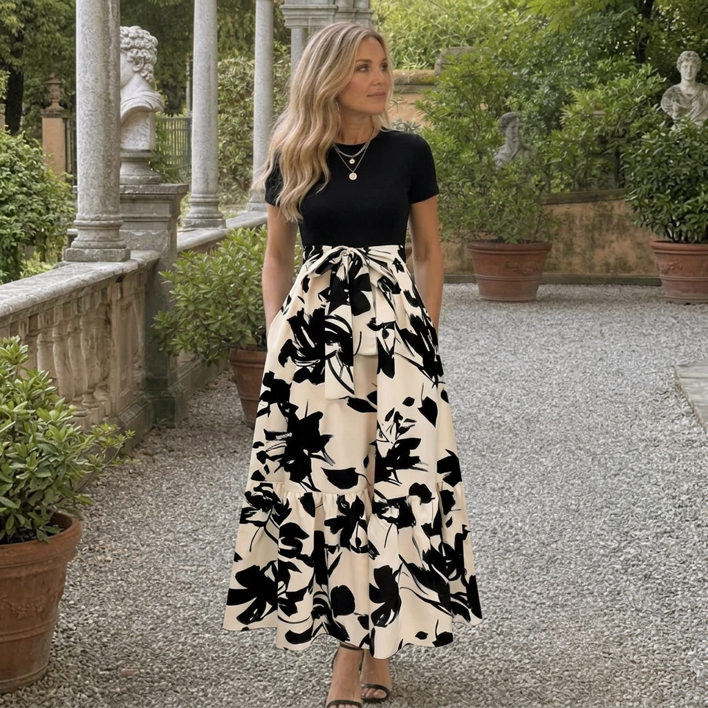 Vestido largo de flores en A de mujer con manga corta y cuello redondo
