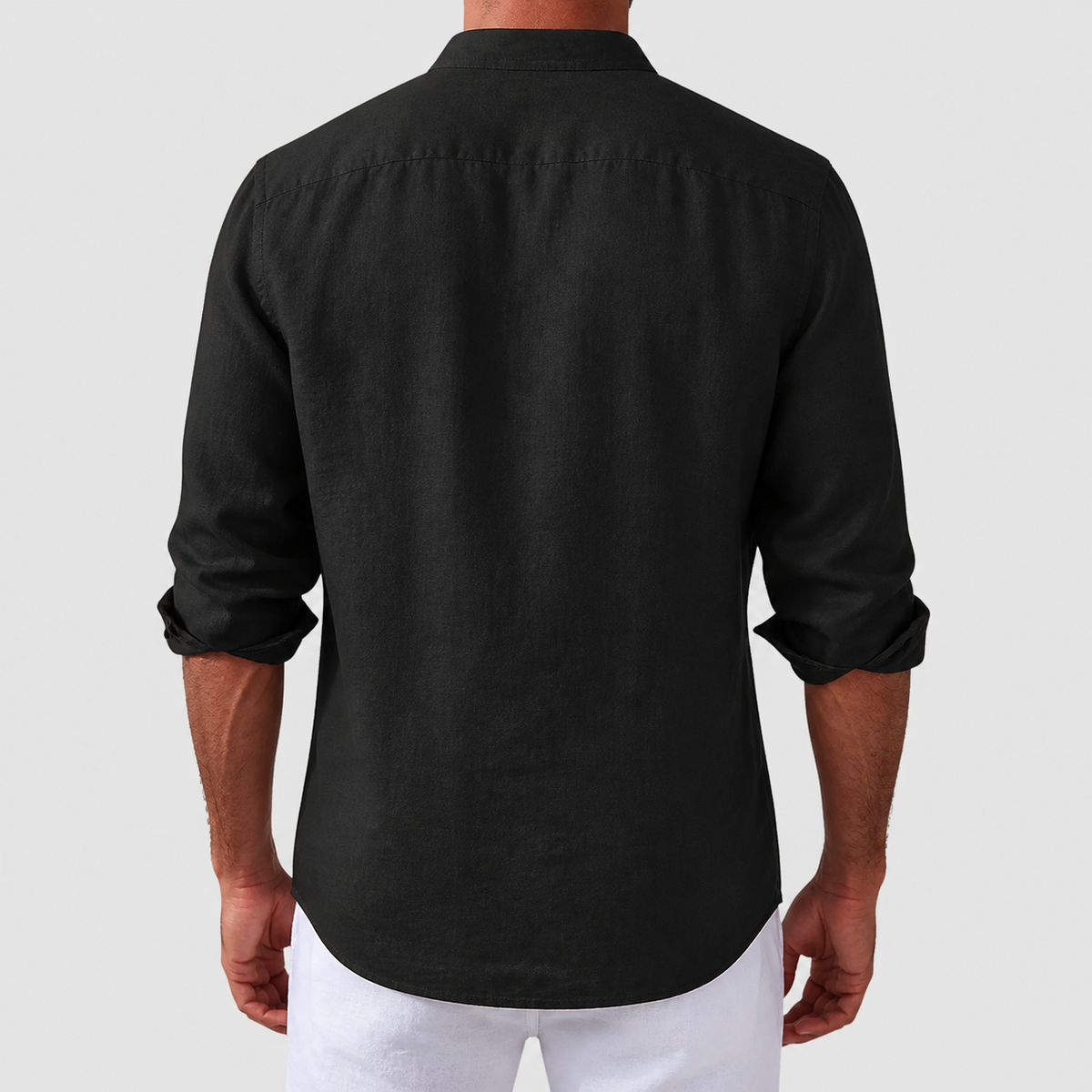 Men's long-sleeve button-front shirt with classic collar and curved hem