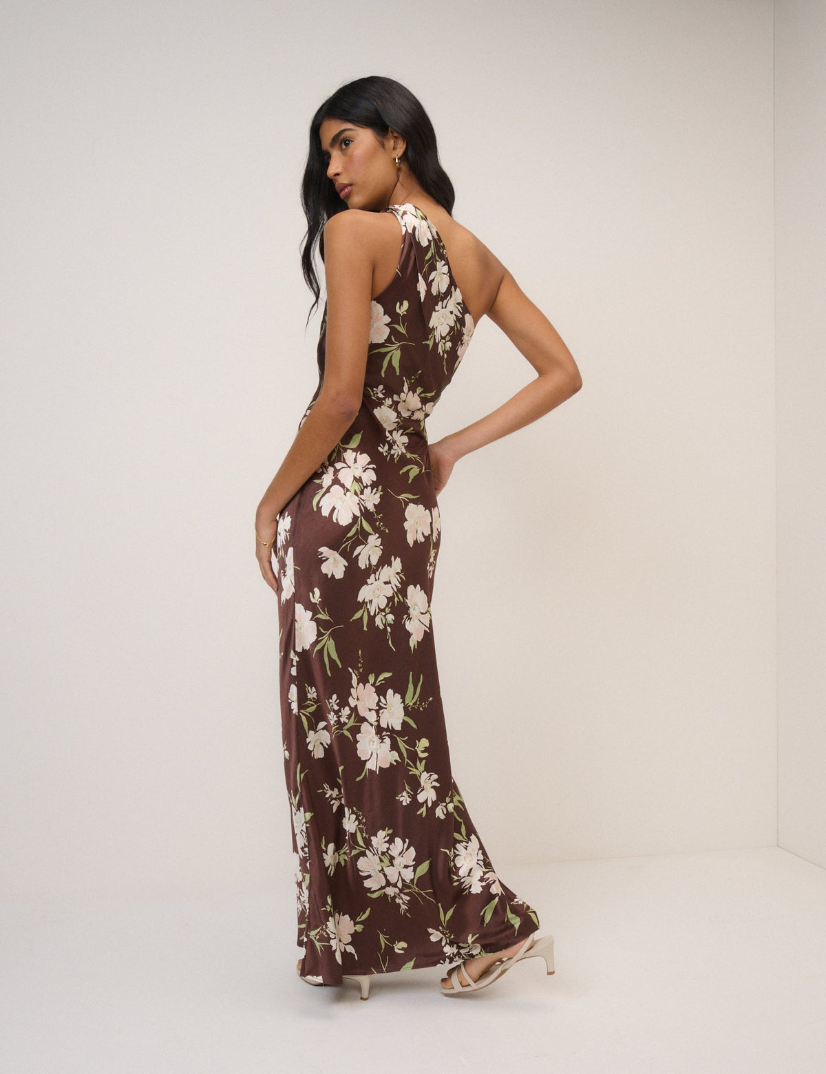 Women's brown floral one-shoulder maxi dress