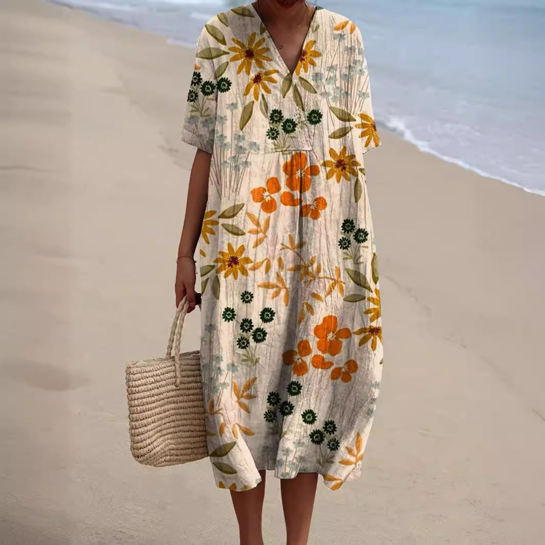 Women's floral V-neck knee dress with short sleeves