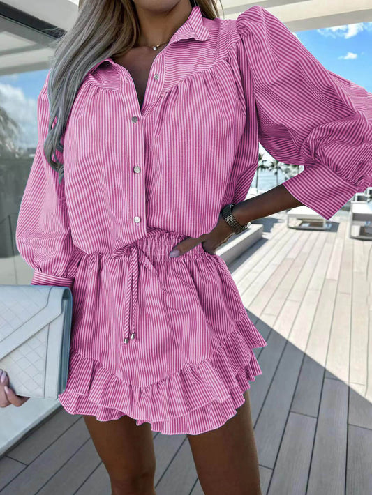 Women's striped button shirt and ruffle shorts two-piece set