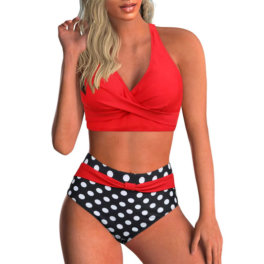 Women's printed wrap-front bikini set with high-waisted briefs
