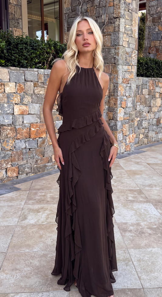 Women's brown halter maxi dress with layered ruffles and side slit