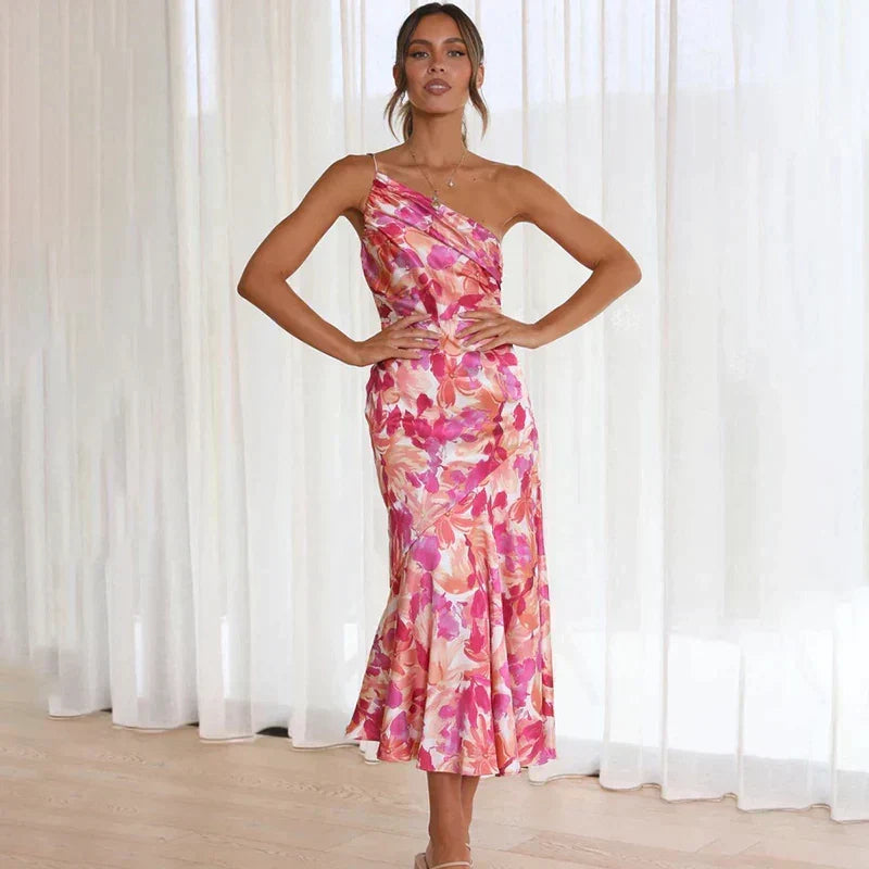 Women's pink floral asymmetric one-shoulder midi dress with flared hem