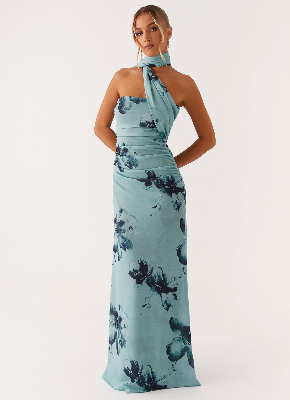 Women's pale blue floral halter maxi dress with ruched waist and asymmetric draped neckline