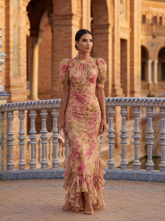 Women's pink floral maxi dress with high neck, puff sleeves and ruffled hem