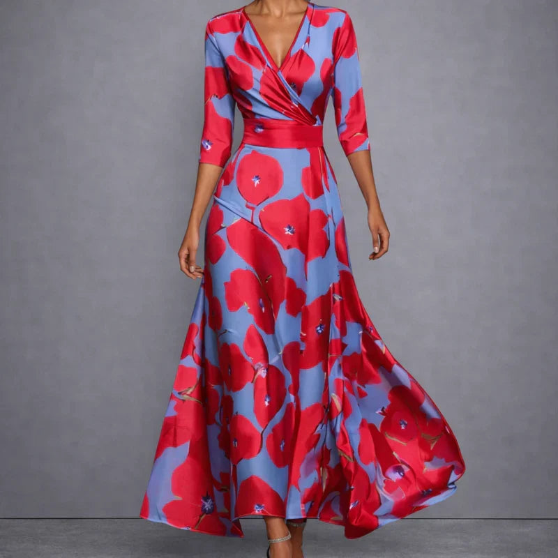 Women's floral wrap maxi dress with V-neckline and three-quarter sleeves