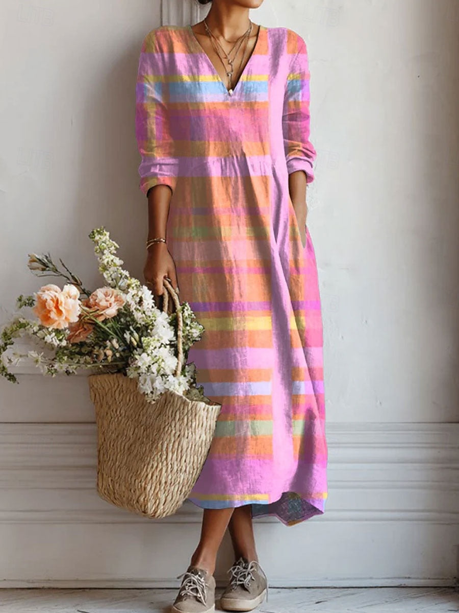 Women's multicoloured checked midi dress with V-neck and long sleeves