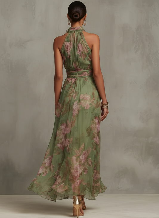 Women's green floral halter maxi dress with a defined waist and flowing skirt